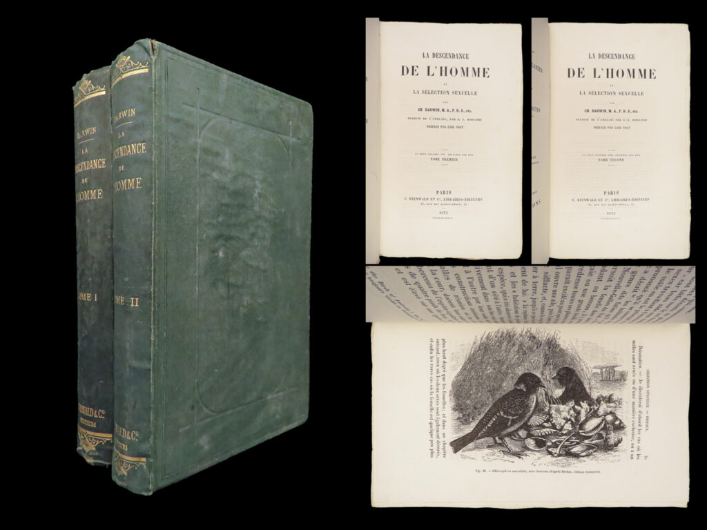 La descendance de l’homme – charles darwin – 1872 | first french edition in publisher’s cloth | first 1872 french edition of darwin’s descent of man in unrestored original cloth, with illustrations and full reinwald catalogue.