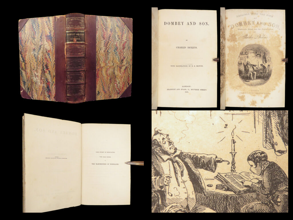 1848 charles dickens 1st ed dombey & son | illustrated by phiz | leather | <em>“there is nothing in the world so irresistibly contagious as laughter and good humor. ” </em> ― charles dickens   while not regarded today as charles dickens’ best work, ‘<em>dombey and son</em>’ was a polarizing novel that captured the hearts of its readers. In fact, the grolier ‘catalogue of an exhibition of the works of dickens’ notes “that there was nothing in all dickens’s writings better than the life and death of paul dombey. The chapter describing his death ‘threw a whole nation into mourning’. ”   this work was first published in 20 monthly installments; this first book edition features the same engravings by h. K. Browne, which are “considered the best efforts of h. K. Browne”. (grolier). It features the two original pen-and-ink drawings by browne each signed ‘phiz’.   a truly rare and impressive first edition printing of ‘<em>dombey and son’</em>, bound in beautiful leather! <em> </em> item number: #27420 price: $750