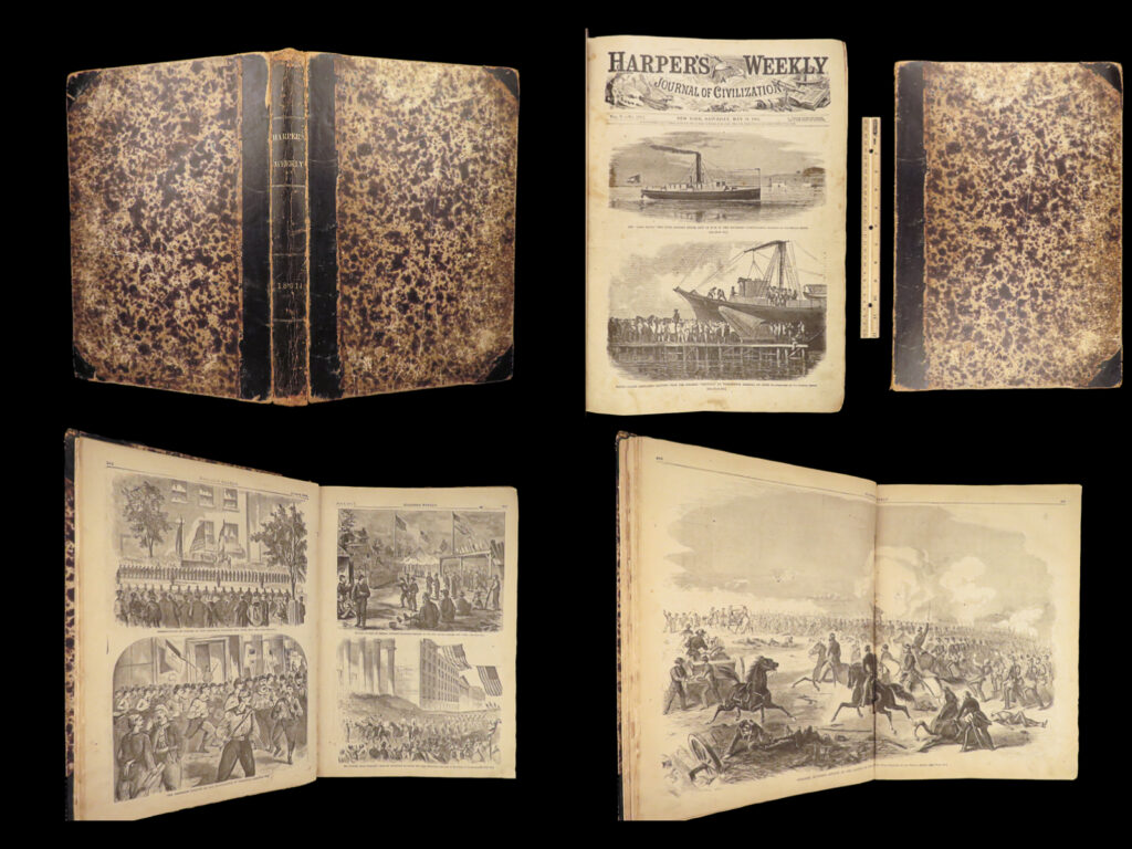 1861 harper’s weekly | civil war abe lincoln inaug. | missouri ghosts davis | <em>harper's weekly</em> was an early american magazine published by harper. Beginning in 1857, it was a primary source of news, fiction stories, humor, satire, and a number of other topics. This 1861 first edition of ‘<em>harper’s weekly’</em> includes all of the 52 issues of the magazine from that year in an enormous folio book. This edition features the illustrations of the most prestigious illustrators of the time.   this particular set of issues is of particular interest as it was published at the start of the american civil war.   the enormous tome includes fascinating contents including: <ul> <li>descriptions of civil war battles including: <ul> <li>battle of charleston</li> <li><strong><u>battle of bull run</u></strong> (i. E. Manassas)</li> </ul> </li> <li>extensive information on missouri during civil war <ul> <li>battle of boonville (p. 419)</li> <li>battle of dug springs</li> <li>battle of springfield, armory</li> <li>gunboats being built in carondelet, missouri</li> <li>emancipation act of 1861 in missouri</li> </ul> </li> <li>inauguration and early tenure of jefferson davis, messages</li> <li>description of the <em>merrimac</em>, confederate steamship</li> <li>description of the first victim of the civil war</li> <li>accounts of ghosts and apparitions (p. 539)</li> <li>description of kansas becoming a state</li> <li>george mcclellan speeches, military orders, staff</li> <li>a first look at charles dickens’ new book ‘<em>great expectations’</em></li> <li>bombardment of fort pickens</li> <li>abraham lincoln proclamation – <strong><u>declaration of war</u></strong> and call for militia</li> </ul>   an incredibly impressive and beautiful tome with utterly fascinating contents and impressive illustrations and maps!   item number: #25148 price: $950