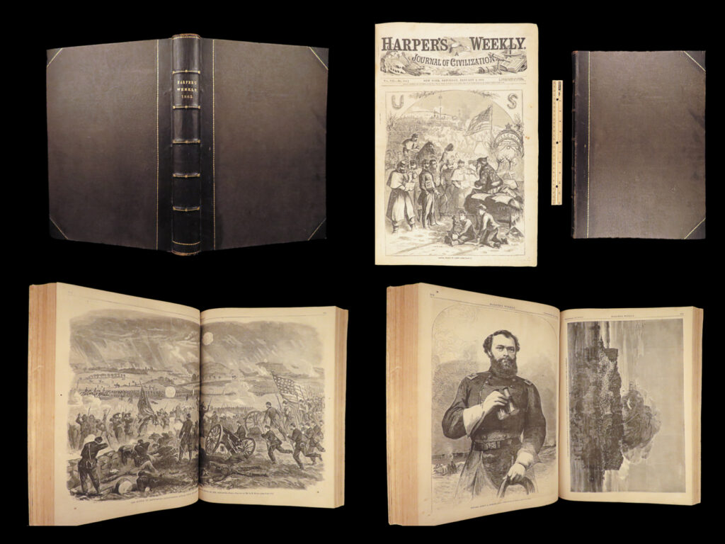 Harper’s weekly – a journal of civilization – 1863 | leather bound, profusely illustrated | leather-bound 1863 harper’s weekly volume containing original civil war news, political reports, and engraved illustrations, bound complete in a folio format.