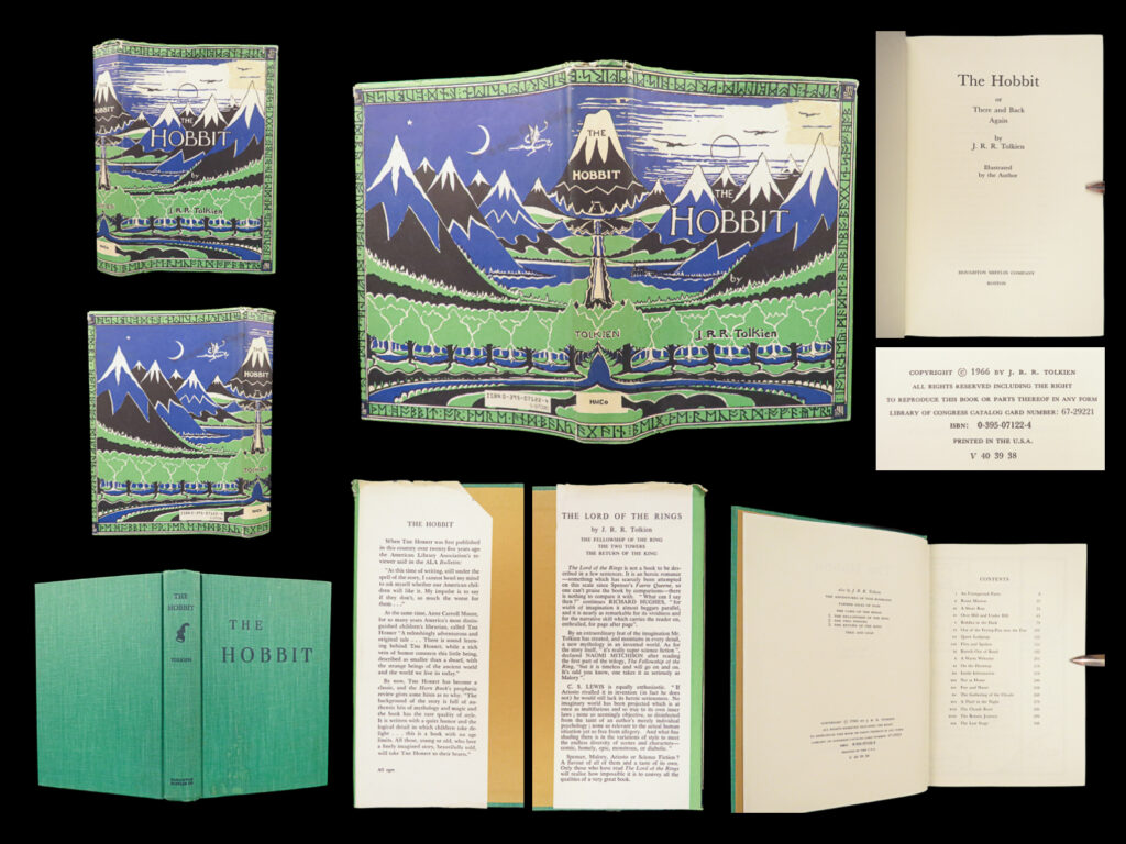1966 the hobbit jrr tolkien lord of rings 38th printing + maps + original dj | <em>“do you wish me a good morning, or mean that it is a good morning whether i want it or not; or that you feel good this morning; or that it is a morning to be good on? ” </em> ― j. R. R. Tolkien,<em> the hobbit </em>   a rare, 38<sup>th</sup> printing of j. R. R. Tolkien’s ‘<em>the hobbit’</em>. This work has remained one of the classic tales in children’s literature since its debut in 1937. It follows the life and journey of bilbo baggins as he begins an adventure to discover treasure guarded by a powerful dragon. Tolkien developed an entire world of wizards, elves, and epic battles in his ‘<em>lord of the rings’</em> world of middle earth, which was loosely influenced by richard wagner’s ‘<em>the nibelung’s ring’</em>.   this early printing includes the classic green and blue dust jacket. A fine example of a popular and timeless tale.   item number: #30815 price: $499  