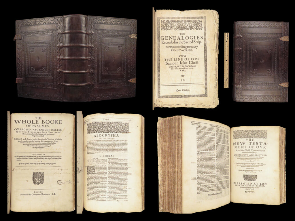 1611 king james bible | 1st ed john speed new testament genealogy + map |   in the 16<sup>th</sup>- and 17<sup>th</sup>-centuries, english bibles printed by barker were extremely popular and have maintained their value and desirability into the 21<sup>st</sup>-century.  however, none are as valuable as the famous 1611 king james bible.   this extremely rare and valuable printing of the king james bible should be considered one of the rarest bibles available. While the general title page is lacking, the original new testament <strong><u>title page is included and dated 1611</u></strong>. According to d&m, new testament title pages were only dated “1611” in 1611 and 1612 printings, but also that even in 1613 editions “<em>probably the greater part of the book was printed in 1611</em>”. It was also common for bibles from this era to be ‘pieced together’ – as is the case with this example.   john speed’s genealogies of the families in the bible proved to be the most popular of all biblical genealogies, so much so that they were printed in the earliest edition of the king james bible and featured the famous engraving of adam and eve eating from the forbidden tree.   nonetheless, this example contains portions that were published in 1611 – the year of the true first king james bible! Darlow & moule suggests that bibles with the 1611 nt title page were likely not printed after 1612, <u>making this one of the earliest kjv bibles ever printed</u>!