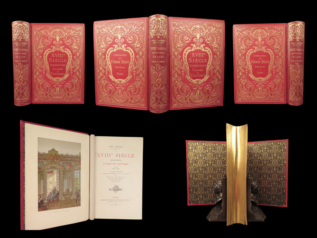 Le xviiie siècle – paul lacroix – 1875 | beautiful gilt leather binding) | 1875 firmin-didot edition of lacroix’s 18th century french customs book, bound in gilt red leather. Features 21 chromolithographs and 350 engravings showing fashion, daily life, court traditions, and urban scenes in france before the revolution.
