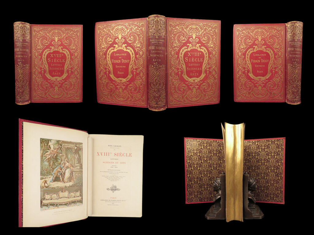 Xviiie siècle: lettres, sciences et arts en france 1700–1789 – 1878 | chromolithographs & gilt red leather binding | this 1878 edition of xviiie siècle: lettres, sciences et arts en france 1700–1789 is a large-format illustrated book covering a wide range of french achievements in the 18th century. It features 16 color chromolithographs and over 250 in-text engravings. The subjects include painting, music, furniture, porcelain, architecture, and jewelry.   <strong>bibliographic details</strong> <ul> <li><strong>title:</strong><em> xviiie siècle: lettres, sciences et arts en france 1700–1789</em></li> <li><strong>author(s):</strong> paul lacroix</li> <li><strong>publisher:</strong> paris, librairie de firmin-didot et cie</li> <li><strong>edition:</strong> first printing, 1878</li> <li><strong>format:</strong> large octavo, single volume</li> <li><strong>binding:</strong> red leather and gilt spine, decorative red cloth boards, all edges gilt, gilt endpapers</li> <li><strong>size:</strong> 11. 5in x 8. 25in (29cm x 21cm)</li> <li><strong>collation: </strong>xiii, [3], 560 pp</li> <li><strong>illustrations:</strong> 16 chromolithograph plates, approx. 250 in-text engravings</li> <li><strong>contents include:</strong> <ul> <li><em>painting across royal and academic circles, from louis xiv to david</em></li> <li><em>artists such as watteau, chardin, greuze, boucher, rigaud, and coypel</em></li> <li><em>sculpture during and after the reign of louis xiv, including girardon and the coustou brothers</em></li> <li><em>architecture in both royal and public spaces, including versailles, the panthéon, and the invalides</em></li> <li><em>engraving styles and key names like audran and edelinck</em></li> <li><em>music under lully, rameau, gluck, and mozart</em></li> <li><em>furniture design styles from rocaille to early bourgeois interiors</em></li> <li><em>decorative objects made by cressent and lazarre duvaux</em></li> <li><em>french porcelain, especially manufacture de sèvres and its asian influence</em></li> <li><em>jewelry, goldsmithing, and small personal items like snuffboxes during the years leading to the revolution</em></li> </ul> </li> </ul> <strong> </strong> <strong>condition:</strong> original red publisher’s leather and cloth shows ornate gilt tooling to both spine and boards, with minor wear consistent with age. Gilt edges are bright and intact, protecting the text block. Marbled endpapers. Beautiful illustrations throughout, clean display.   <strong>why collect this? </strong> <ul> <li>1878 folio with broad coverage of 18th-century french decorative and fine arts</li> <li>contains 16 chromolithographs and over 250 detailed illustrations</li> <li>stunning red leather, gold-gilt display</li> <li>well suited for collectors of french enlightenment-era culture, design history, and fine bindings</li> </ul> <ul> <li><strong>inventory number (sku):</strong> #28763</li> </ul>