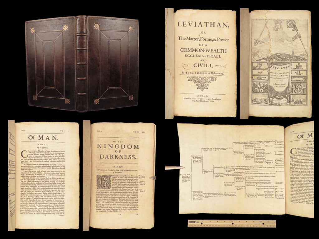 1651 hobbes leviathan 1st/1st political philosophy english civil war government | thomas hobbes was perhaps the most notable 17<sup>th</sup>-century english philosopher who conducted social studies and published historical theories on politics, physics, and law. ‘<em>leviathan’</em>, hobbes’ most important and famous work, was composed in four parts: 1) nature of man and natural laws, 2) nature of the commonwealth and sovereign powers, 3) christianity and religion, and 4) the kingdom of darkness. Each of these parts contains controversial and uncommon opinions. In fact, some scholars claim that the contents of ‘<em>leviathan’</em> directly influenced the feuds that began the english civil war! (wright 175).   <em>‘printing and the mind of man’</em> even notes that ‘<em>leviathan’</em> is the result of unrest and troubled times in england.   the 1651 english first edition of “leviathan” is truly one of the <strong><u>most desirable pieces of 17<sup>th</sup>-century english published works</u></strong><u>. </u> it includes the original, engraved title page.   item number: #27777 price: $9,950