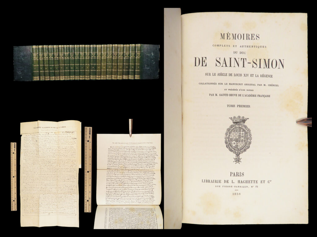 1856 memoires of louis rouvroy duke of saint simon | socialism in france 20v |   louis de rouvroy, duc de saint-simon was a french diplomat most-remembered for his extensive memoires. These ‘<em>memoires’</em> were a collection of essays, thoughts, articles, and stories, which describe his military enemies, the lives of his peers, his legal disputes, and his approach to socialism.   this 1856 edition was edited and annotated by adolphe cheruel, beautifully bound in 20 green-leather bound tomes.   item number: #28460 price: $795  