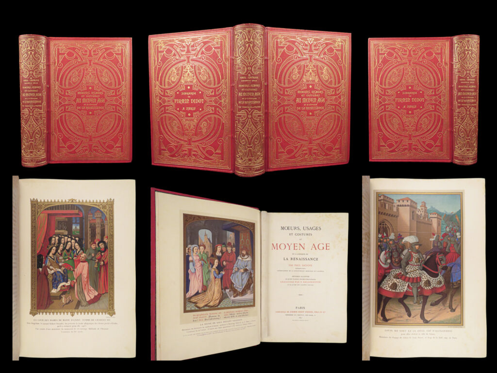 Mœurs, usages et costumes – paul lacroix – 1871 | 1st ed, gilt binding & chromolithographs | paul lacroix’s 1871 mœurs, usages et costumes explores medieval life across all levels of society. With color plates by kellerhoven, it shows clothing, laws, work, and religious customs; bound in gilt and printed in paris.