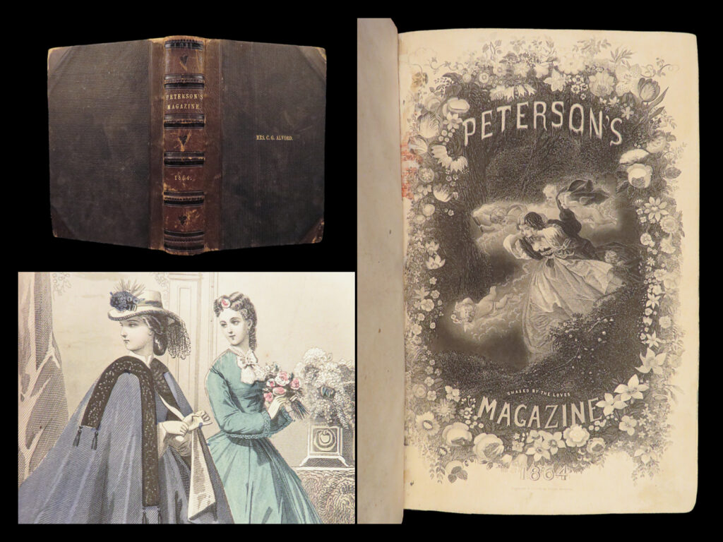 Peterson’s magazine – 1864 | hand-colored fashion plates, leather binding | peterson’s magazine 1864 illustrated annual bound in full leather with hand-colored fashion plates and content by jane weaver. Includes both volumes 44 and 45 of civil war-era domestic culture and literature.