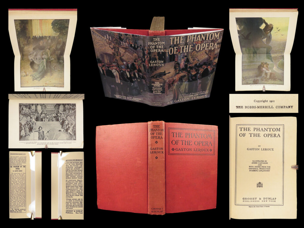 The phantom of the opera – gaston leroux – c. 1925 | photoplay edition, lon chaney cover | this 1925 edition of the phantom of the opera by gaston leroux includes photographic plates from the universal pictures silent film starring lon chaney. Issued by grosset & dunlap during the height of the film’s popularity, it reflects a key early example of the photoplay format, combining classic fiction with contemporary visual culture. The red cloth binding and pictorial jacket link the text directly to the 1925 adaptation, which played a central role in expanding american interest in horror cinema. The black-and-white plates feature chaney and other principal cast members in key scenes, printed on coated stock and inserted throughout the text. The typography and paper quality align with other 1920s grosset reprint standards. Grosset & dunlap issued multiple photoplay titles during this period; this example remains among the more recognizable due to chaney’s prominence and the film’s sustained influence. While not the first english printing of leroux’s work, this edition is one of the earliest to directly associate the story with a specific visual representation.   <strong>bibliographic details</strong> <ul> <li><strong>title:</strong> <em>the phantom of the opera</em></li> <li><strong>author(s):</strong> gaston leroux</li> <li><strong>publisher:</strong> grosset & dunlap, new york</li> <li><strong>edition:</strong> photoplay edition, circa 1925</li> <li><strong>format:</strong> octavo, single volume</li> <li><strong>binding:</strong> red cloth with black titles, facsimile dust jacket</li> <li><strong>size:</strong> 7. 75 in × 5. 25 in (19. 5 cm × 13 cm)</li> <li><strong>collation:</strong> [8], 357, [3] pp. </li> <li><strong>illustrations:</strong> 6 plates; 4 black-and-white photo plates from the universal pictures film, 2 double-page color illustrations</li> <li><strong>contents include:</strong> <ul> <li><em>complete english translation of leroux’s novel</em></li> <li><em>photographic scenes from the 1925 film adaptation</em></li> </ul> </li> <li><strong>reference(s):</strong> ​ matches other verified grosset & dunlap photoplay issues</li> </ul> <strong>condition:</strong> bound in red publisher’s cloth with black stamped lettering to the spine and upper board. This copy includes a facsimile dust jacket reproduced from the original film-issue wrapper. The binding is secure, with minor shelfwear and rubbing to extremities. Internally clean throughout with light age-toning at the margins. The photographic and color plates remain complete and intact, showing no notable blemishes.   <strong>why collect this? </strong> <ul> <li>early photoplay edition incorporating stills from universal’s 1925 silent film</li> <li>lon chaney image on both jacket and interior plates</li> <li>reflects early 20th-century media crossover in print form</li> <li>grosset & dunlap’s photoplay line includes some of the most visually distinctive reprint issues of the 1920s</li> <li>suitable for collectors focused on silent film, horror fiction, or cinematic memorabilia in book form</li> </ul> <strong>item number: </strong>#28623