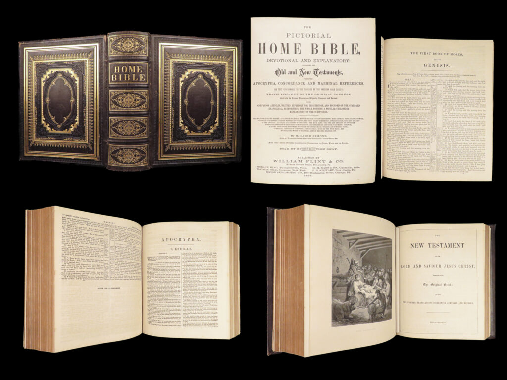 The pictorial home bible – 1872 | huge illustrated edition with apocrypha | 1872 huge illustrated bible in full gilt leather with apocrypha, plates, concordance, and marginal references. Edited by m. Laird simons.