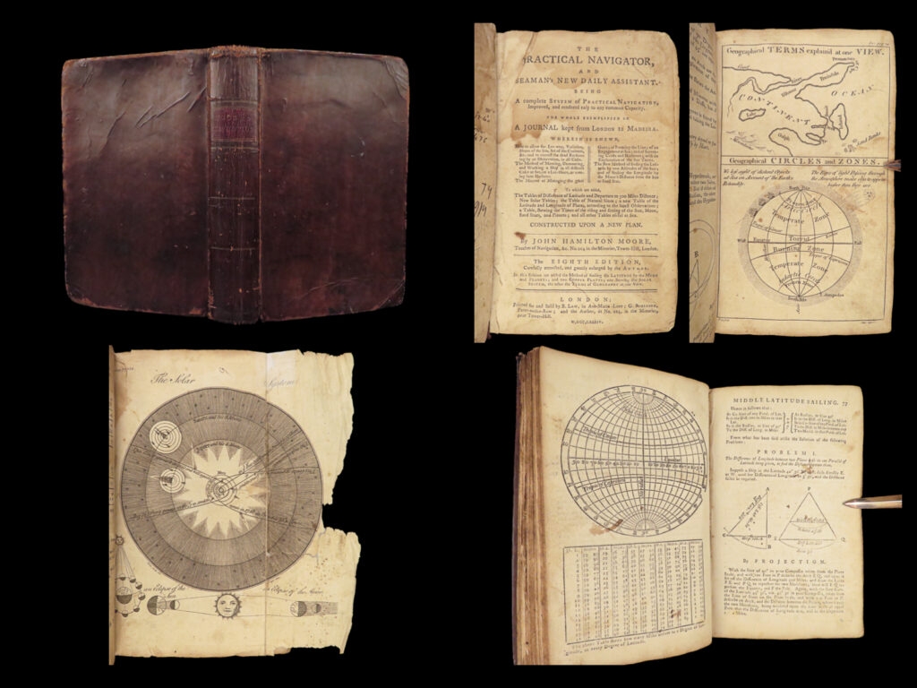 The practical navigator – john hamilton moore – 1784 | full calf binding with diagrams & tables | 1784 practical navigator john hamilton moore, london imprint in full calf, with trigonometric figures and over 200 pages of navigational tables.