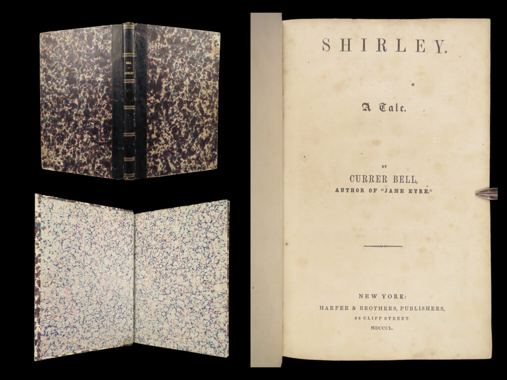 Shirley – charlotte brontë (currer bell) – 1850 | first edition, first printing (us) | first american edition of <em>shirley</em> by charlotte brontë, issued in 1850 by harper & brothers at their original 82 cliff street office. A verified first printing, in quarter leather binding with harper’s advertisement section.