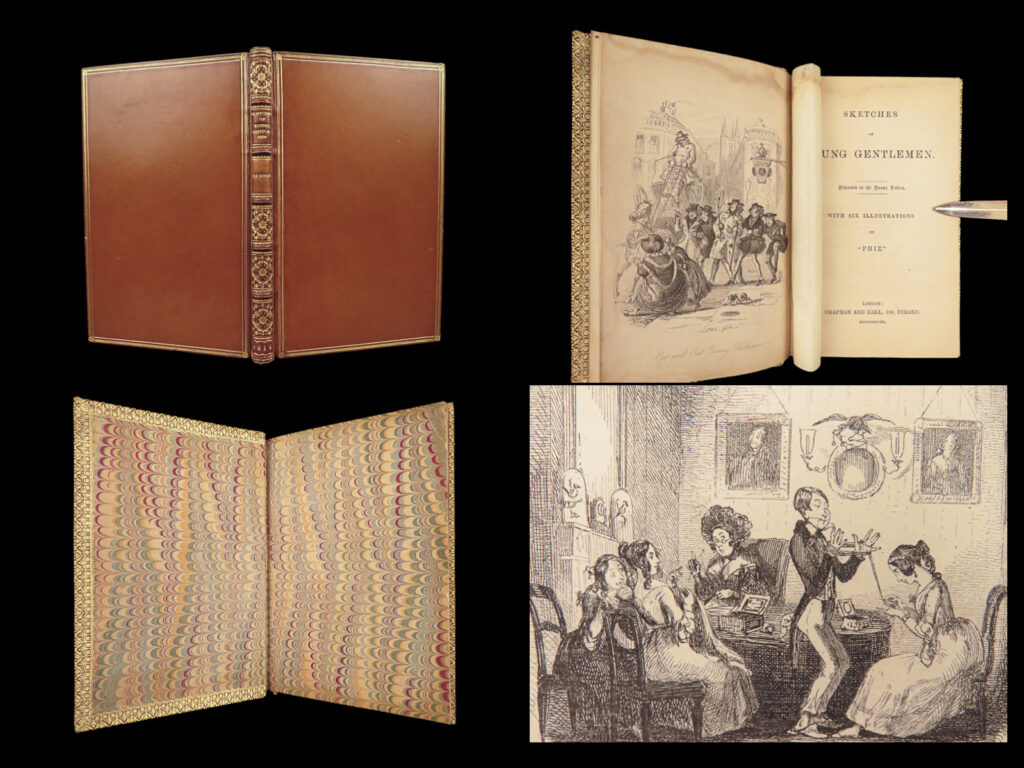 Sketches of young gentlemen – charles dickens – 1838 | first edition, first printing. | charles dickens’ <em>sketches of young gentlemen</em> (1838, first edition) is a humourous depiction of victorian male stereotypes alongside six notable phiz engravings, presented in an exquisite fine leather binding.