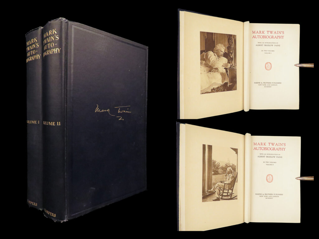 Mark twain's autobiography. In two volumes. – 1924 | first edition, first printing | mark twain autobiography first edition, 1924, two volumes, in original publisher binding. H-y code confirms true first printing. Essential americana and literary memoir.