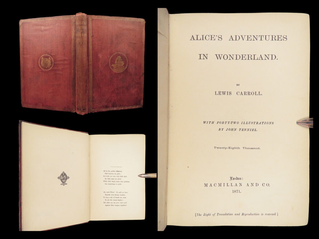 Alice’s adventures in wonderland – lewis carroll – 1871 | tenniel illustrated, 28th thousand | alice's adventures in wonderland 1871 macmillan edition with tenniel's illustrations, in original red cloth binding. This 28th thousand printing is a desirable bibliographic issue for carroll collectors.