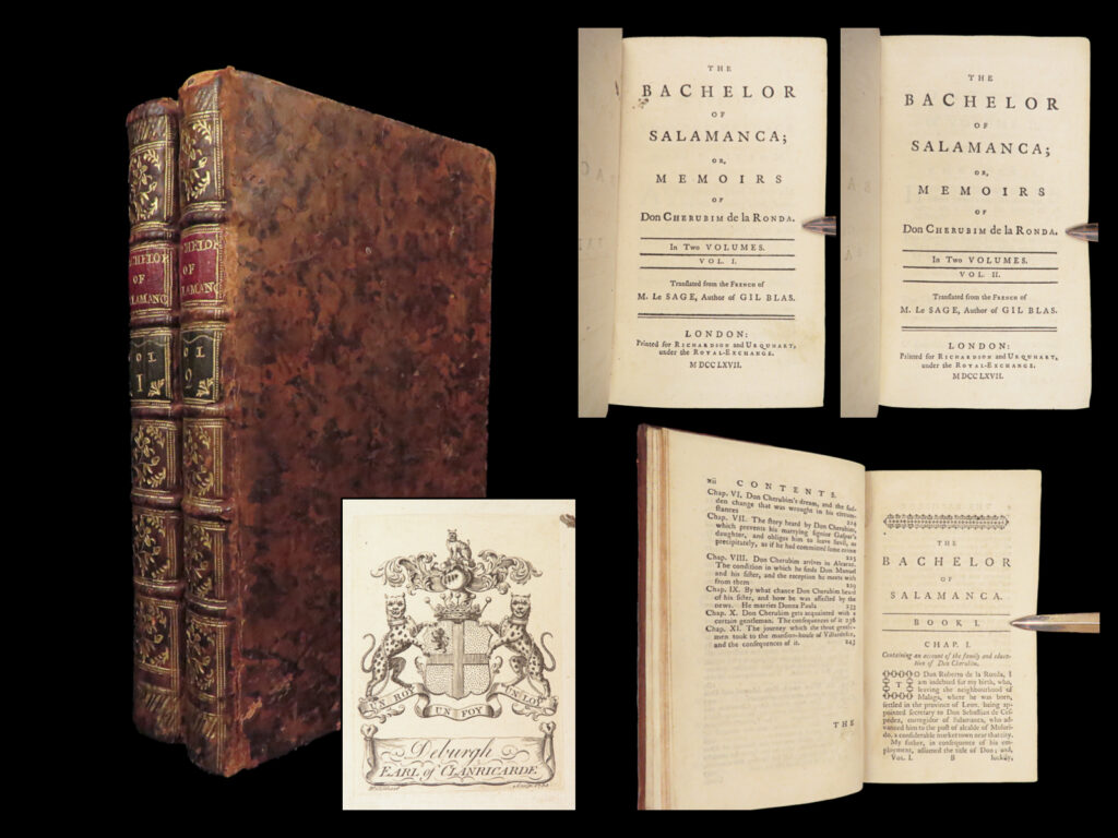 The bachelor of salamanca – alain rené le sage – 1767 | irish nobility ownership | alain rené le sage’s the bachelor of salamanca (1767), in two duodecimo volumes, features the comic memoirs of don cherubim, printed in english by richardson and urquhart and preserved in full original gilt leather.