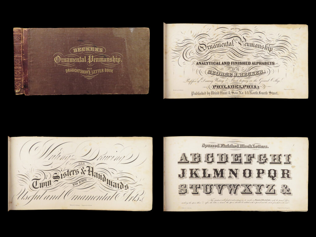 Becker’s ornamental penmanship – george j. Becker – 1854 | 33 engraved plates | george j. Becker’s 1854 ornamental penmanship presents 33 engraved plates showing styles such as old english, german, egyptian block, and cursive alphabets in a rare oblong instruction book.