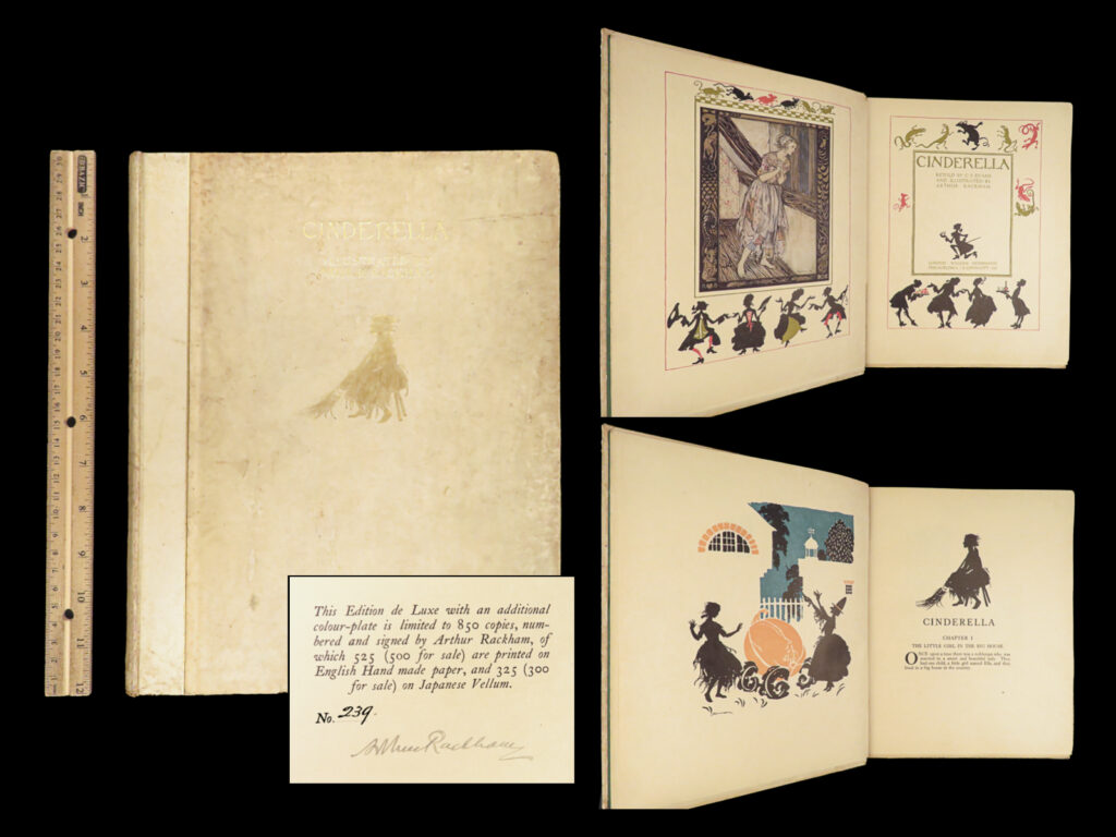 Cinderella – arthur rackham – 1919 | signed, deluxe first edition | signed copy of the first deluxe edition of arthur rackham’s cinderella. Limited to a mere 850 copies out of which only 300 were bound in japanese vellum and include an additional illustration.