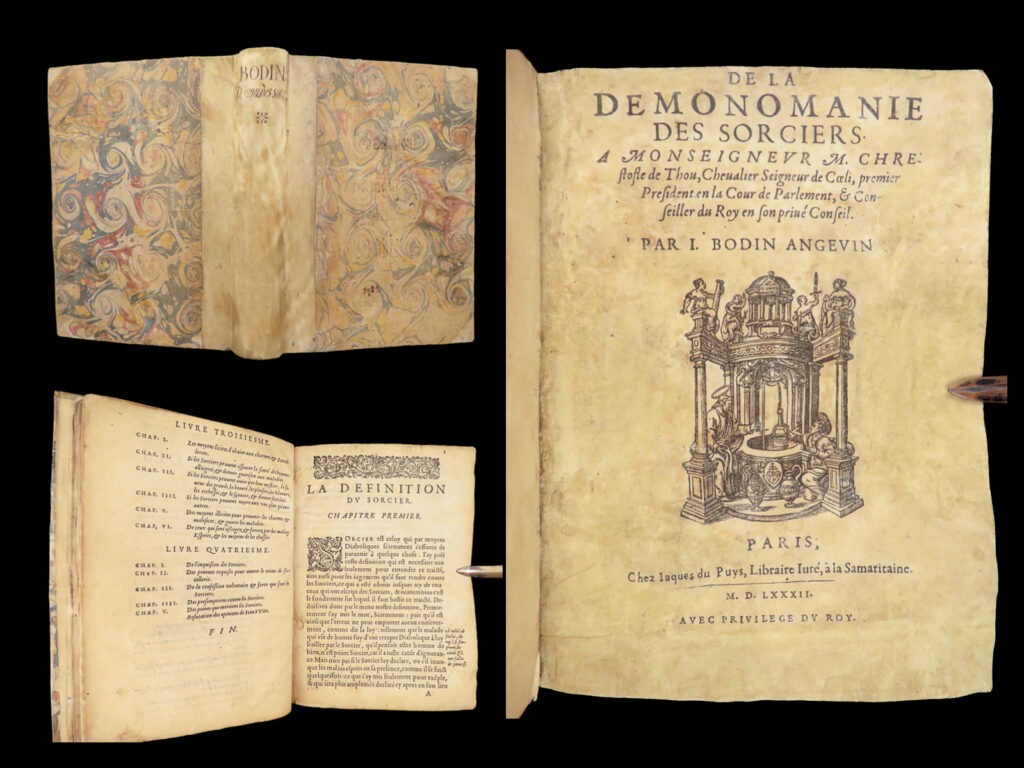 De la démonomanie des sorciers – jean bodin – 1582 | pact witchcraft treatise | jean bodin’s 1582 witchcraft treatise explores pact magic, lycanthropy, and demonological law in this complete paris edition bound in vellum.