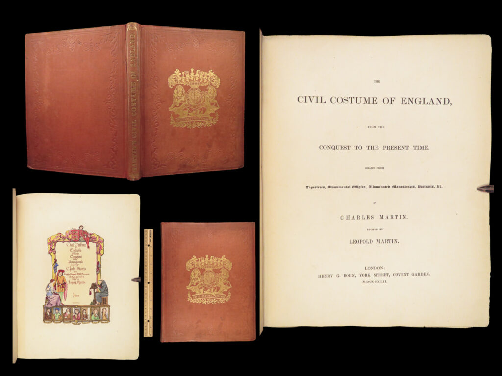 1842 civil costumes of england | king john, william & mary color illustrated | “<em>the civil costumes of england</em>” is a rare, 19<sup>th</sup>-century collection of hand-colored plates and descriptions of english costume and dress from the earliest times through the 1840s. Written by charles and leopold martin, this book illustrates famous figures such as henry ii, richard i, king john, henry iii, robert branch, james i, william villiers, william and mary, and so many others!   item number: #25175 price: $750  