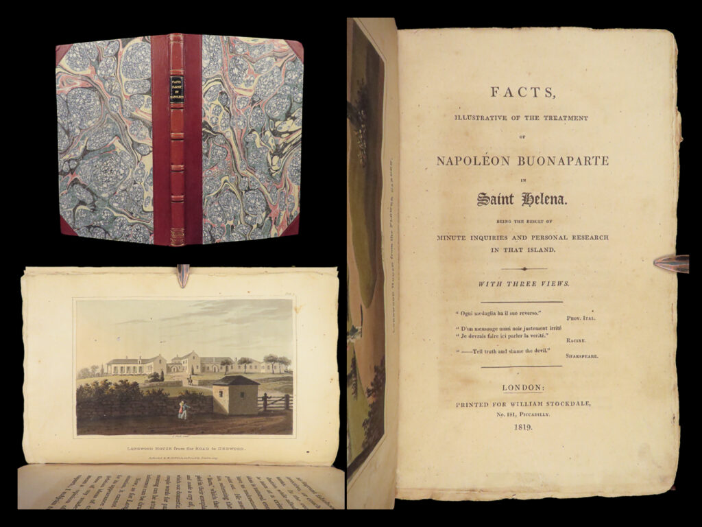 Facts on napoleon at saint helena – hook – 1819 | first edition, fine binding | first edition account of napoleon’s saint helena exile, with port regulations, correspondence, and three engraved views, issued in 1819 by william stockdale and attributed to theodore edward hook.