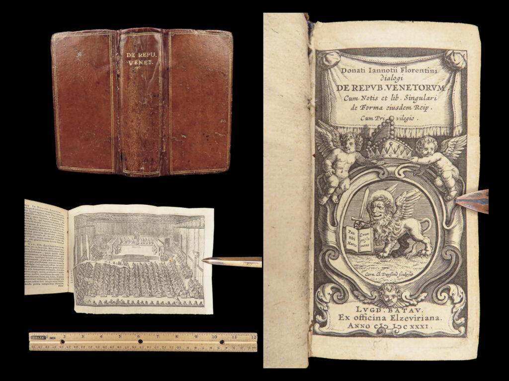 Dialogi de repub. Venetorum – giannotti – 1631 | elzevir printing, engravings | 1631 elzevir edition of giannotti’s work on the venetian republic, in latin, with six engravings, engraved title, and a supplemental tract, bound in period leather in miniature sextodecimo format.