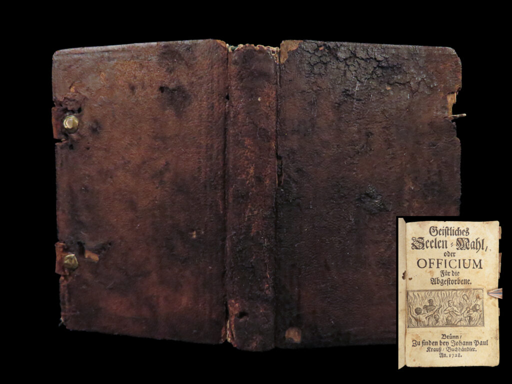 Geistliches seelen-mahl – johann paul krauß – 1728 | german requiem prayers | geistliches seelen-mahl by johann paul krauß, brunn 1728, compact german prayerbook with litanies and scripture for the dead, brass clasps, and allegorical title page engraving.
