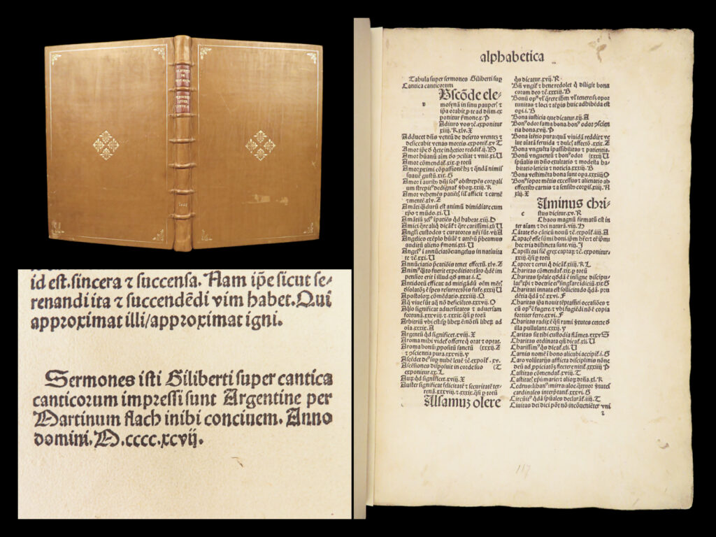 Sermones cantica canticorum – gilbert de holland – 1497 | song of solomon commentary | printed in strasbourg in 1497, this folio incunable includes gilbert of holland’s continuation of bernard of clairvaux’s canticles sermons, issued as a separate second part with distinct signatures.