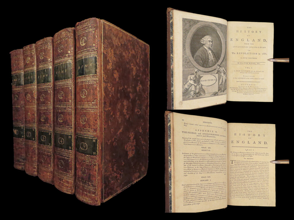 The history of england – david hume – 1796 | 5 vols, 13 engraved plates | five-volume 1796 edition of david hume’s the history of england, covering major political and royal events through 1688, with 13 engraved plates and citations in three major references.