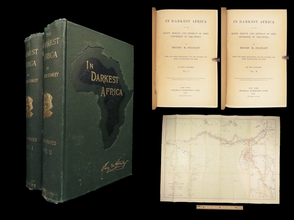 1890 in darkest africa by henry stanley – 1st edition | emin pasha dr livingstone |   a rare, first printing of henry stanley’s “<em>in darkest africa</em>. ” known for his explorations in africa, he found the scottish missionary explorer david livingstone, whom most had assumed had been lost. His acquaintance and continued expedition with livingstone led to the relief of emin pasha, an ottoman physician. Notably, this voyage is famous for having been the cause of the deaths of so many of its members to disease and disaster.   this 1890 first edition is filled with 150 fascinating illustrations and includes a fantastic, large folding map located in a pocket on the back of both volumes.   item number: #41700 price: $499