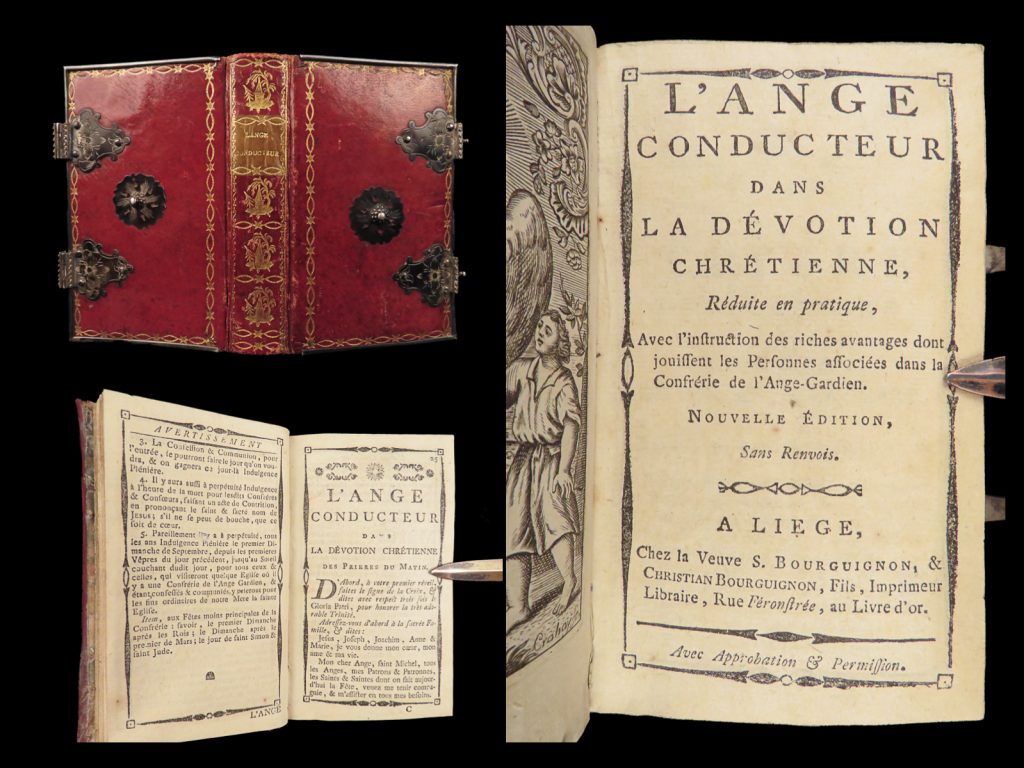 L'ange conducteur – jacques coret – 1791 | brass clasps, red morocco | french catholic devotional book by jacques coret, printed in liège ca. 1791, featuring original brass clasps, gilt spine, full-page decorative borders, and spiritual content for members of the guardian angel confraternity.