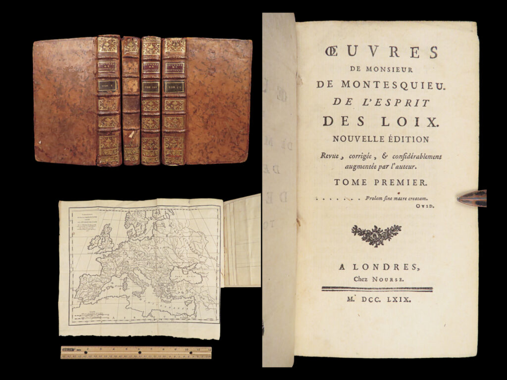 Oeuvres… de l’esprit des loix – montesquieu – 1769 | 4 vol set, banned book | 1769 london printing of montesquieu’s <em>spirit of the laws</em>, in four volumes with two folding maps, exploring law, liberty, and power during the enlightenment.