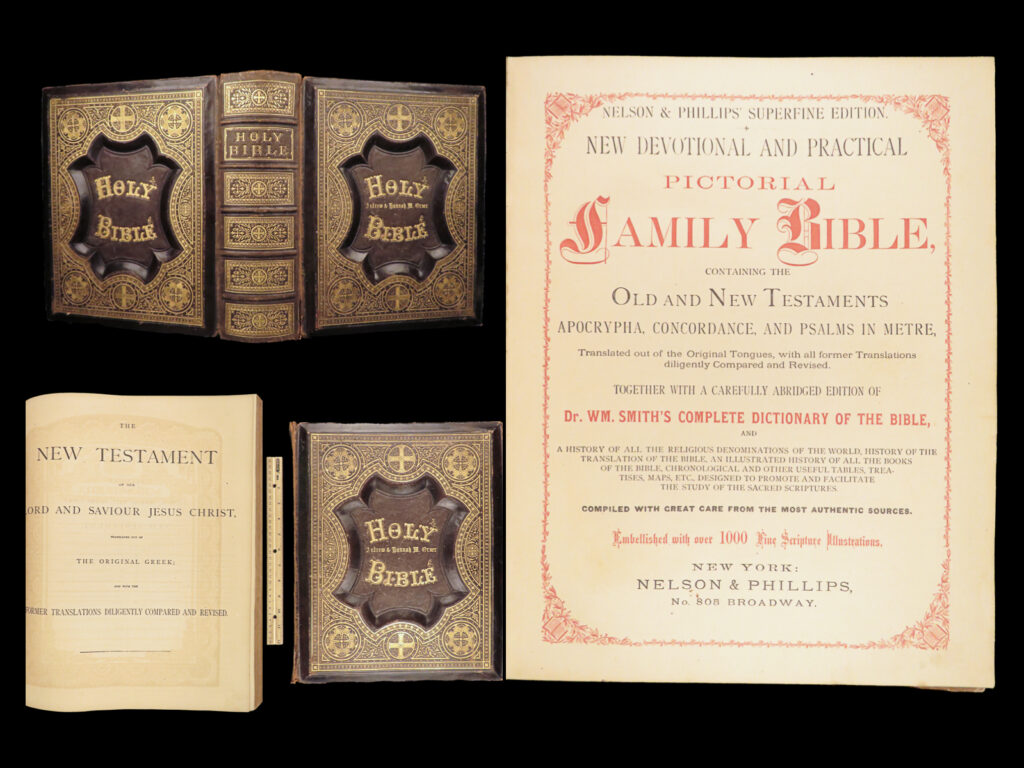 1877 nelson & phillips family bible | old & new testament illustrated | enormous | a rare, huge 19<sup>th</sup>-century american holy bible!   bibles printed in this style have maintained their popularity through the decades. This example, the ‘<em>nelson family bible’</em>, includes a decorative cover with gold embossing along with a comprehensive history and concordances of the old and new testaments. <strong>note the hundreds of illustrations throughout. </strong> it also contains chronologies of old testament kings, descriptions of world religions, scenes from the life of jesus, william smith’s <em>dictionary</em>, and so much more!   item number: #26259 price: $599