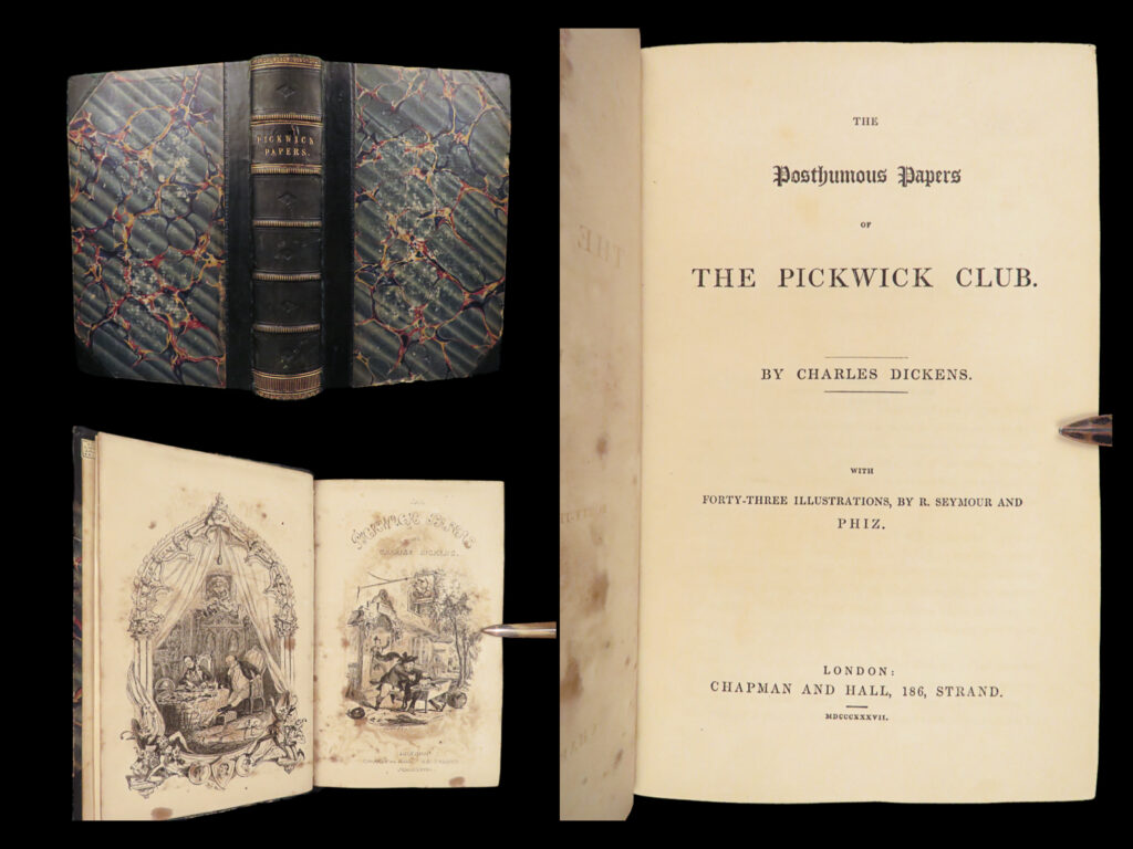 The posthumous papers of the pickwick club – charles dickens – 1837 | first edition, phiz & seymour | 1837 first edition of dickens’s pickwick club, with 43 plates by seymour and phiz, leather over marbled boards, and original dickens-related ephemera from the 19th century.