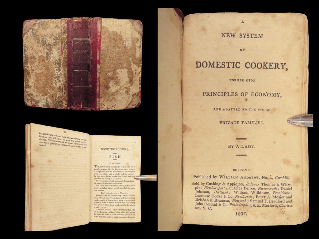 A new system of domestic cookery – maria eliza rundell – 1807 | first american edition | 1807 boston first american edition of maria eliza rundell’s early domestic manual, in red morocco spine binding with complete text on household economy and recipes.