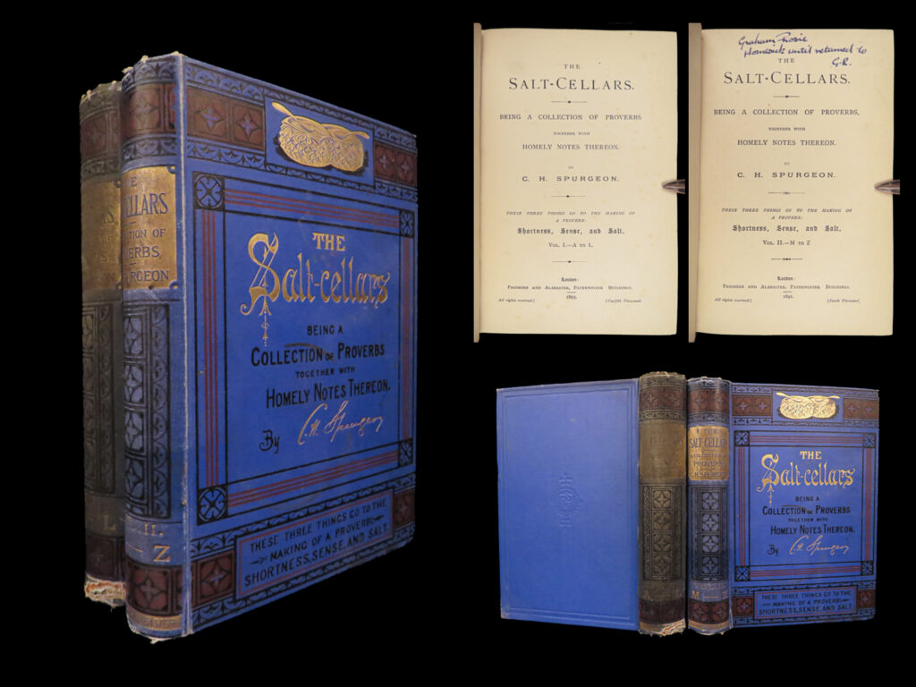 The salt-cellars – c. H. Spurgeon – 1891 | proverbs with commentary | c. H. Spurgeon’s the salt-cellars (1891–1893), a two-volume alphabetical collection of proverbs with commentary, issued in original cloth and published by passmore and alabaster.