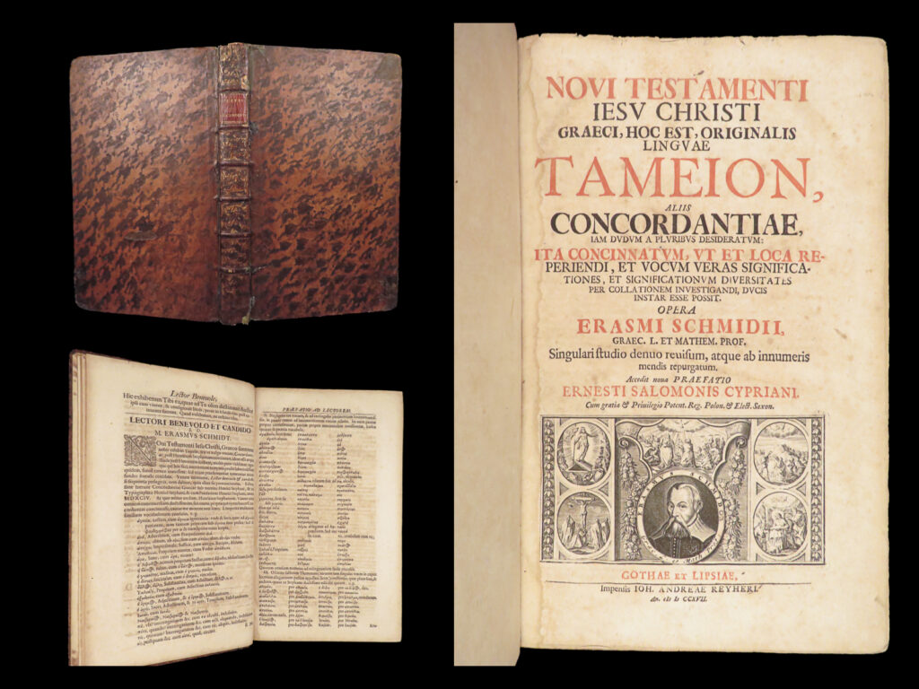 Noui testamenti iesu christi graeci – erasmus schmid – 1717 | greek bible concordance | noui testamenti iesu christi graeci (1717), edited by ernst salomon cyprian, is an early printed greek concordance of the new testament compiled by erasmus schmid in folio format.