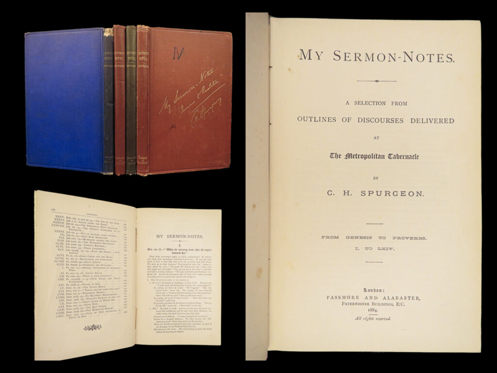 My sermon-notes – charles h. Spurgeon – 1884 | complete 4 volumes, original cloth | first edition of spurgeon’s sermon outlines (1884-87) covering the entire bible, four volumes bound in cloth-bound octavo volumes, issued by passmore and alabaster, london.