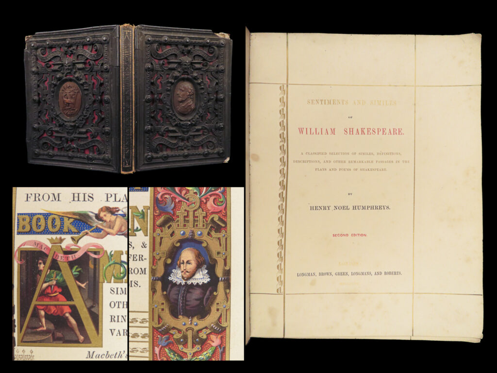 Sentiments and similes of shakespeare – henry noel humphreys – 1857 | early papier mâché binding | 1857 shakespeare sentiments papier mache edition with black and gold printing, chromolithographed title, and excerpts compiled by henry noel humphreys.