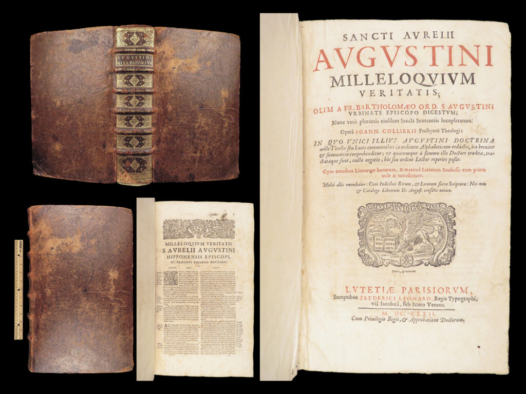 Milleloquium veritatis – saint augustine – 1672 | massive folio, augustine reference | rare 1672 folio edition of milleloquium veritatis, arranged from augustine’s writings by bartolomeo carusi and john collier, featuring structured theological entries and original leather binding.