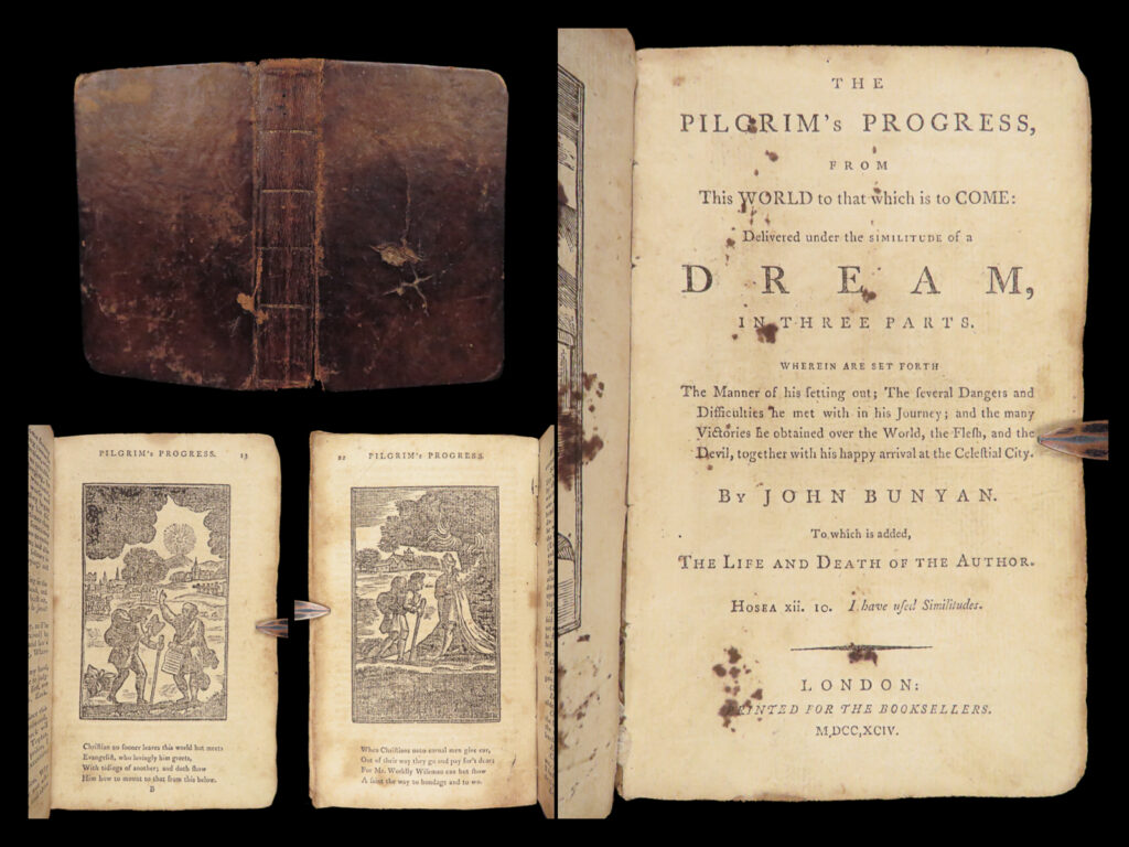 The pilgrim’s progress – john bunyan – 1794 | 23 woodcuts, life of bunyan | 1794 edition of bunyan’s the pilgrim’s progress, featuring woodcut engravings, biographical sketch, and elegy. Leather-bound