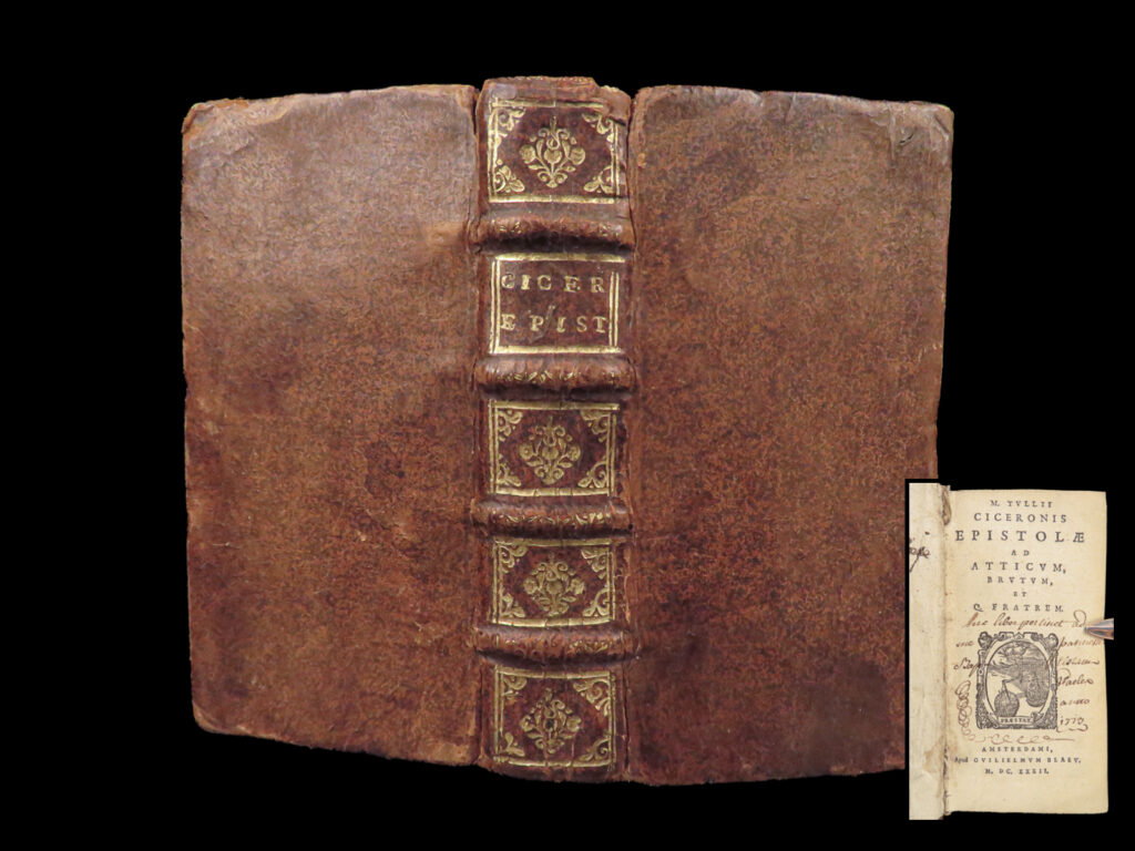 Epistolae ad atticum – cicero – 1632 | familiar letters, atticus & brutus | compact 1632 latin edition of cicero’s epistolæ printed in amsterdam by bleau, featuring full leather binding and gilt spine in a rare sextodecimo format.