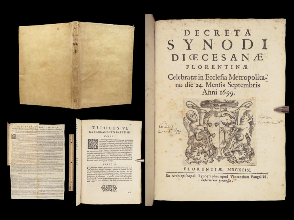 Decreta synodi dioecesanae – catholic church – 1699 | florentine council decrees in vellum | decreta synodi dioecesanae florentinae (1699) presents synodal rulings from florence addressing sacraments, clergy conduct, parish duties, and liturgical discipline, issued in latin and bound in full vellum.