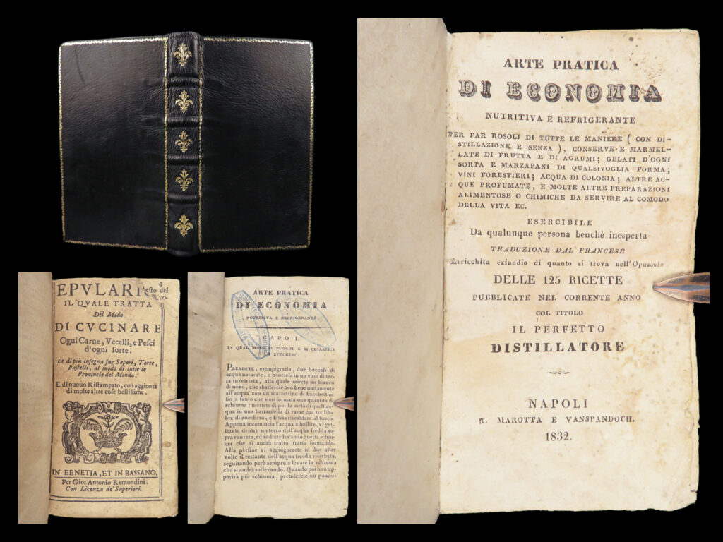 1674 italian cookbook – epulario | early recipes + 1832 art of preserving food | two early books on cooking, preparing, and preserving food bound as one.   giovanne de rosselli’s “<em>epulario</em>” is a rare 17<sup>th</sup>-century cookbook better known in english as “the italian banquet wherein”. This book deals with preparing high end meals with various types of meats, fowl, and fish. It also includes recipes on how to make appetizers, sauces, cakes, pies, and pastries from all over the world.   this early cookbook is bound with a rare and rather unknown 19<sup>th</sup>-century book – “art of preserving and refrigerating” by an anonymous author.   this tome is beautifully bound in modern leather with gilt spine and cover trim.   <u>condition report:</u> near fine. Modern, gilt leather very tight and secure. Pages generally clean. Corner loss on the first few pages of <em>epulario</em>   item number: #27348 price: $795