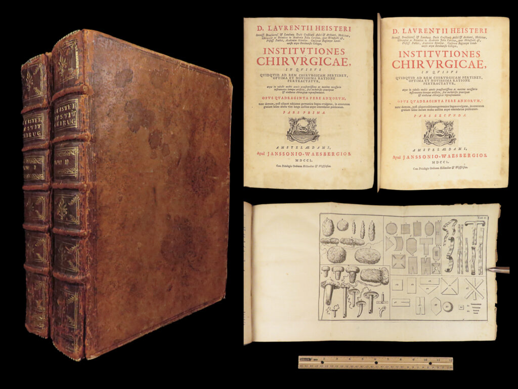 Institutiones chirurgicae – lorenz heister – 1750 | folding plates, anatomy & surgery tools | heister’s <em>institutiones chirurgicae</em> (1750) in two quarto volumes, features 40 folding surgical plates and a referenced bibliography, offering foundational 18th-century material on anatomy and operative techniques.