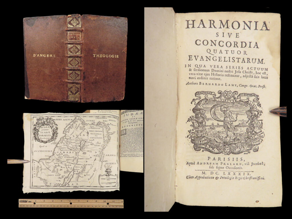 Harmonia sive concordia – bernard lamy – 1689 | first edition | controversy, maps | 1689 latin edition of bernard lamy’s gospel harmony containing controversial theological interpretations, bound in original leather with institutional tooling.