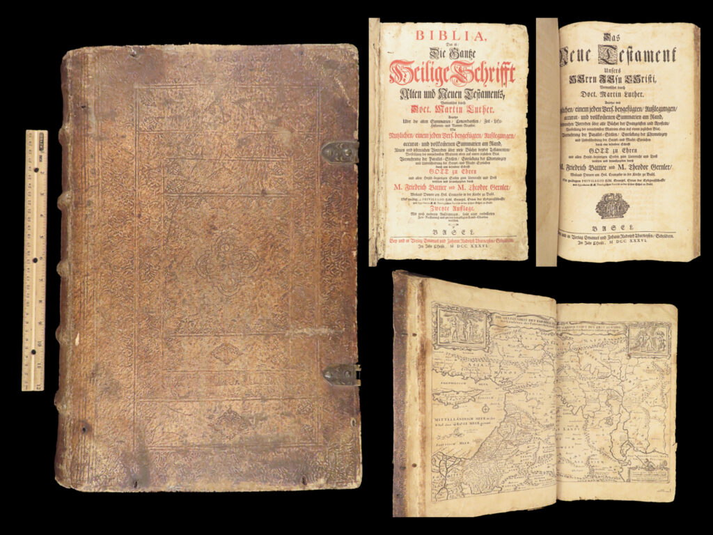Biblia – holy bible – 1736 | martin luther translation, enormous basel folio | 1736 german bible translated by luther, printed in basel by thurneysen, with old and new testaments, apocrypha, large folio in tooled vellum.