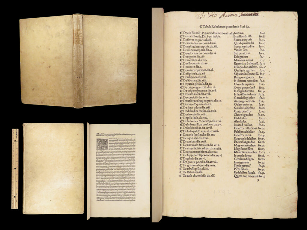 Fracisci petracae de remediis – petrarch – 1492 | incunable, vellum folio | petrarch’s de remediis utriusque fortunae, printed in cremona in 1492 by misintis and parmensis, an incunabulum in latin on moral and philosophical themes, bound in near fine full vellum.