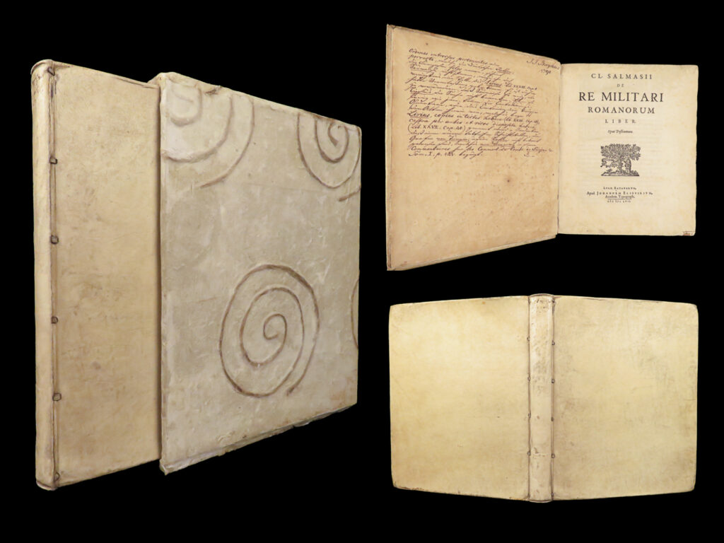 De re militari romanorum – claudius salmasius – 1657 | elzevir first edition | first edition of salmasius’s de re militari romanorum, printed by elzevir in 1657, with classical military analysis based on polybius and livy, and in-text sketches showing roman troop formations.