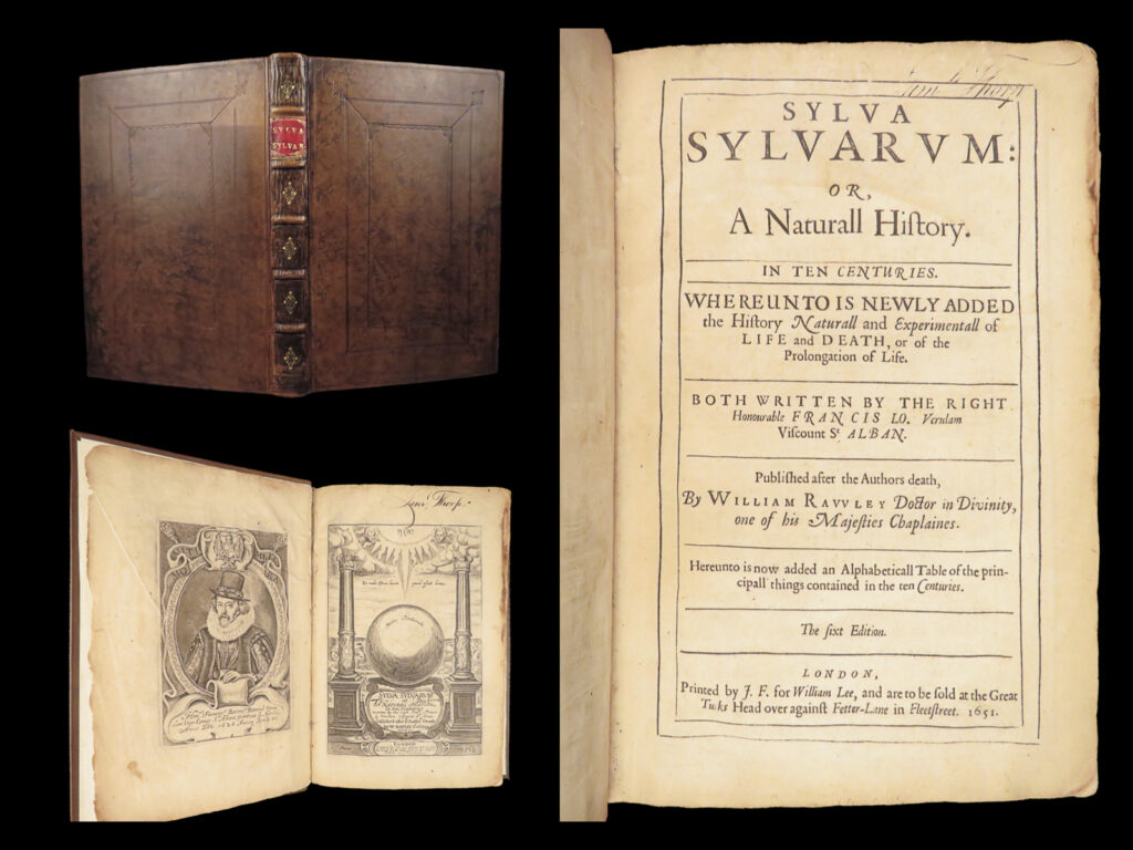 Sylva sylvarum – francis bacon – 1651 | new atlantis & life and death | london 1651 quarto edition of francis bacon’s sylva sylvarum, featuring new atlantis and history of life and death with opium-focused theories and an illustrated title page.
